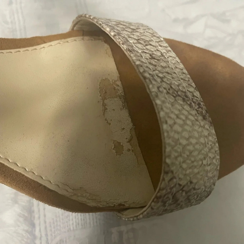 Mark Fisher beige suede and snake embossed ankle strap cork‎ wedges.
